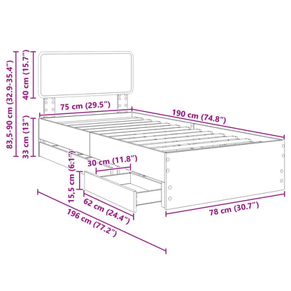 Sengestel Med Skuffe Sonoma Eg 75 X 190 Cm Konstrueret Træ - Billede 14