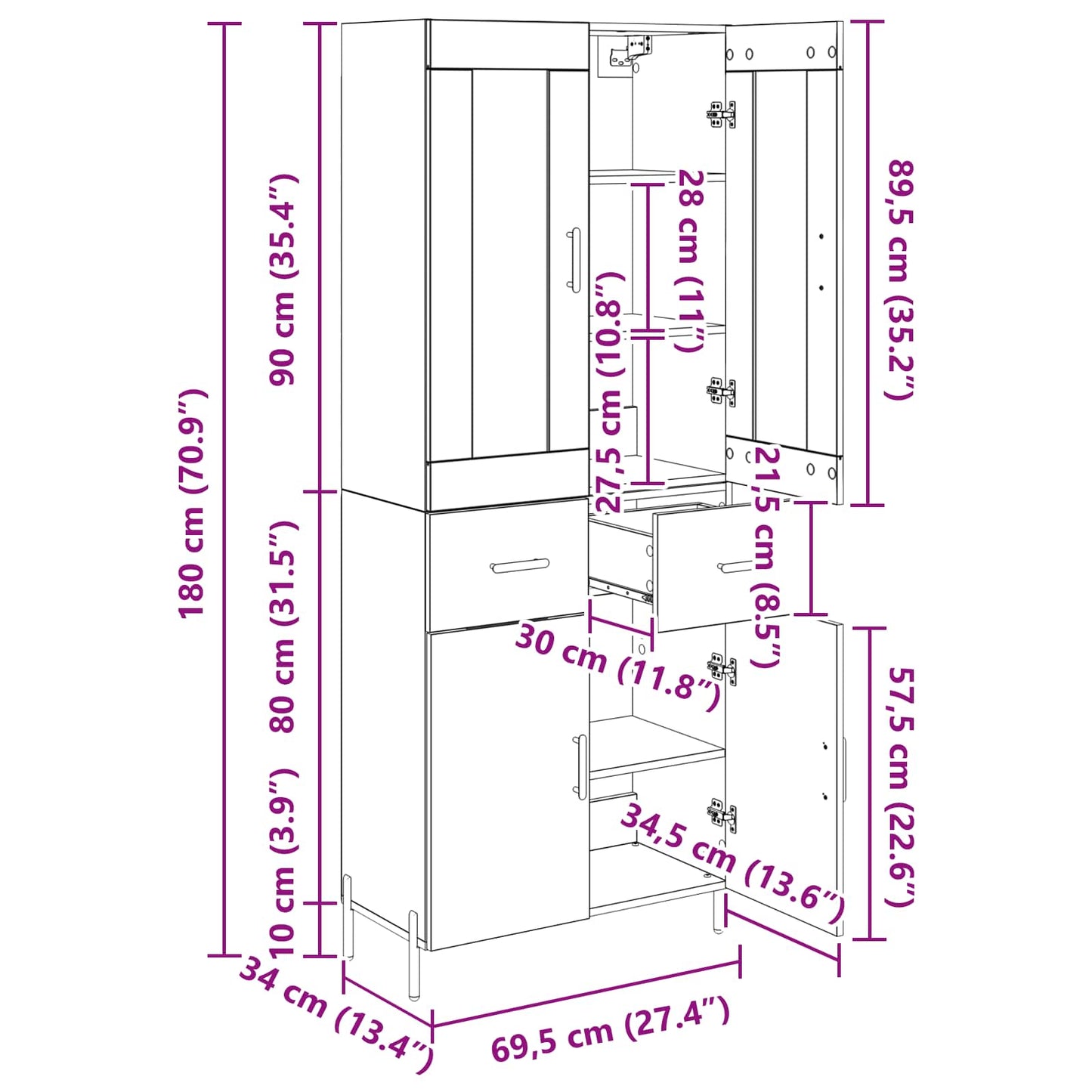 Highboard 69,5 X 34 X 180 Cm Konstrueret Træ - Billede 14