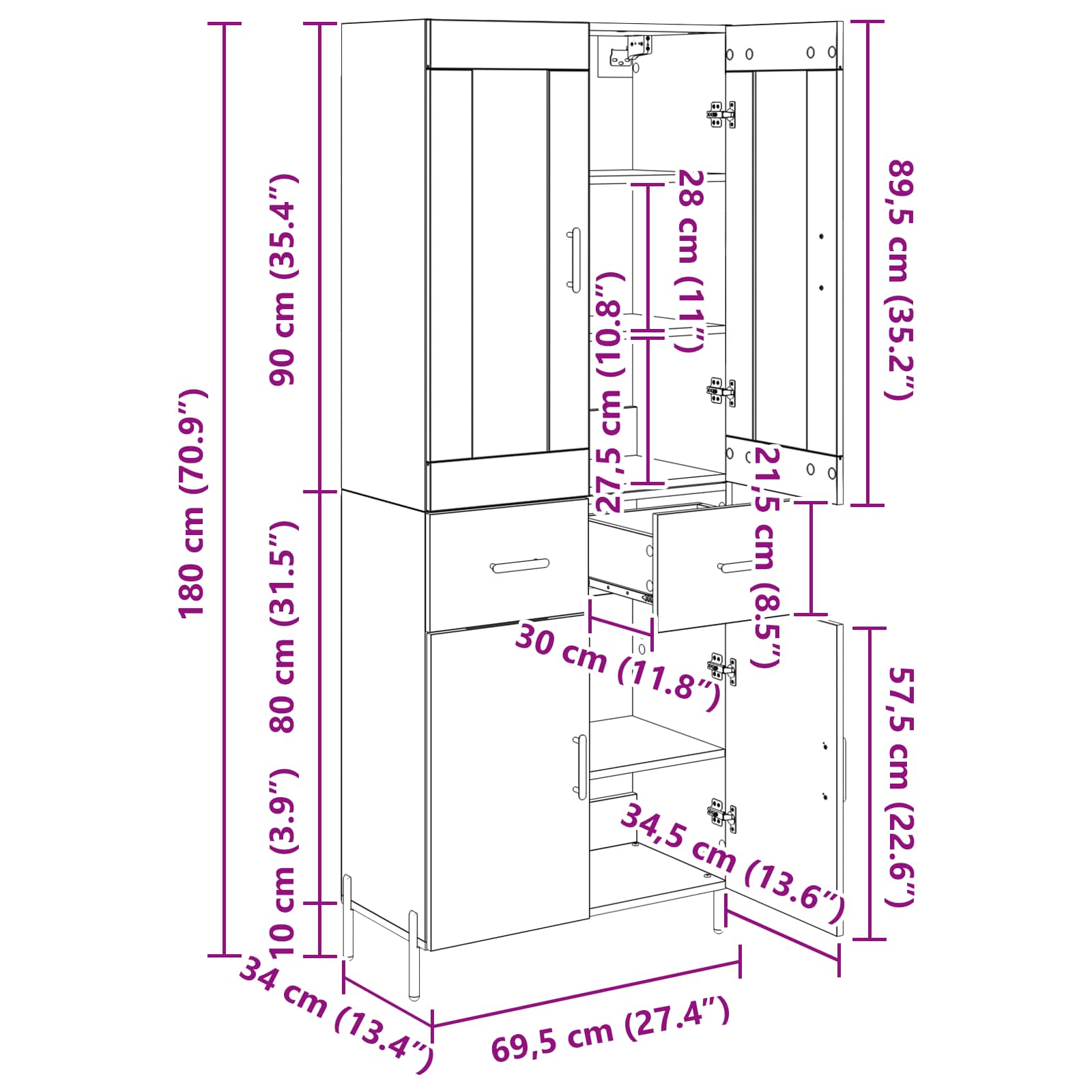 Highboard 69,5 X 34 X 180 Cm Konstrueret Træ - Billede 14