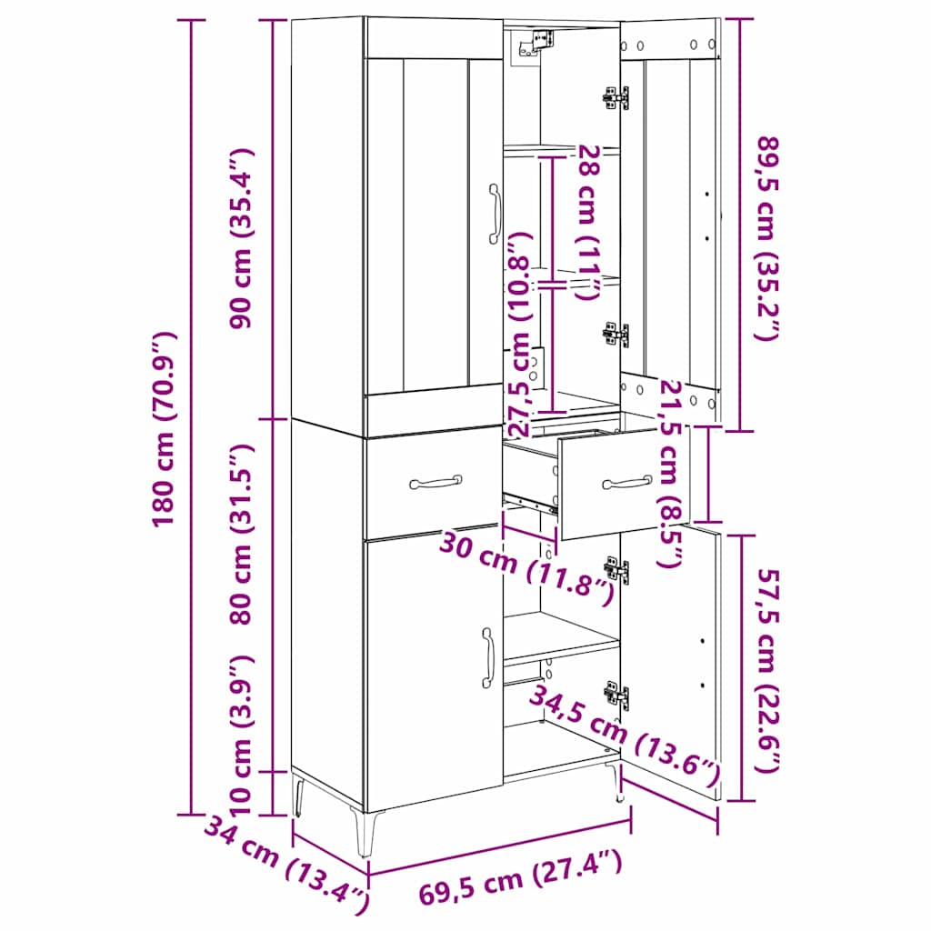 Highboard 69,5 X 34 X 180 Cm Konstrueret Træ - Billede 14