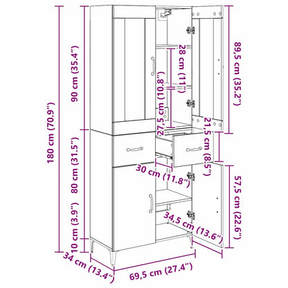 Highboard 69,5 X 34 X 180 Cm Konstrueret Træ - Billede 14