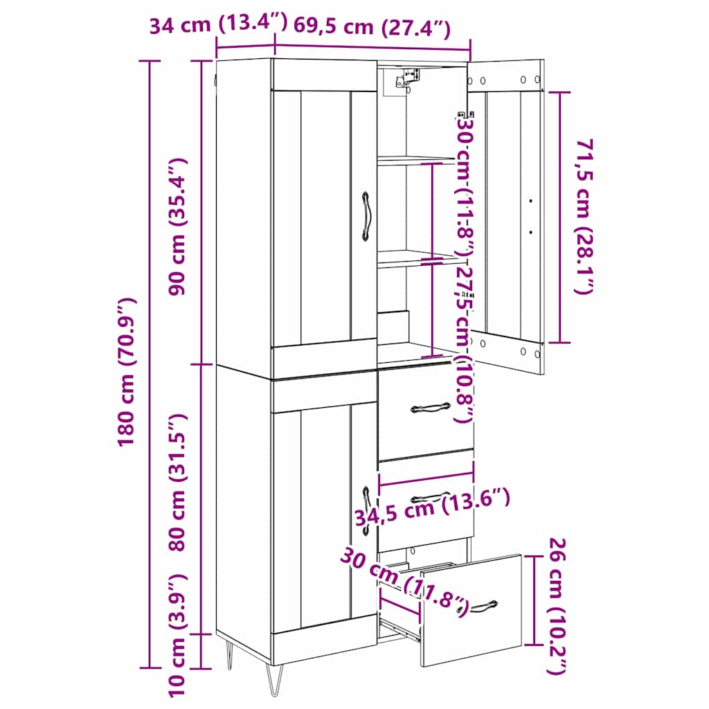Highboard Artisan Egetræ 69,5 X 34 X 180 Cm Konstrueret Træ - Billede 14