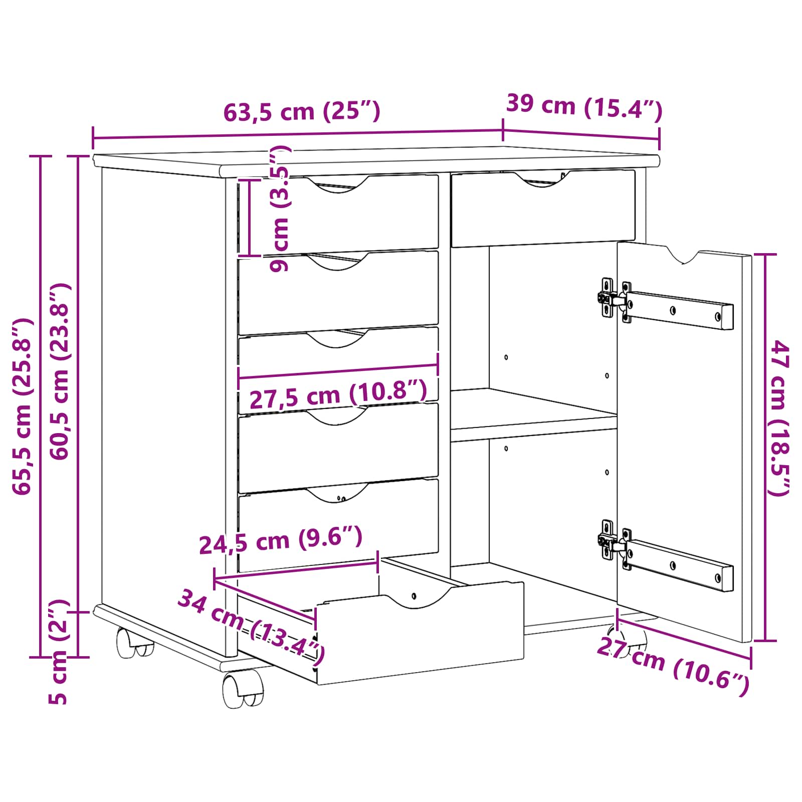 Rullende Skab Honningbrun 63,5 X 39 X 65,5 Cm Massivt Fyrretræ - Billede 11