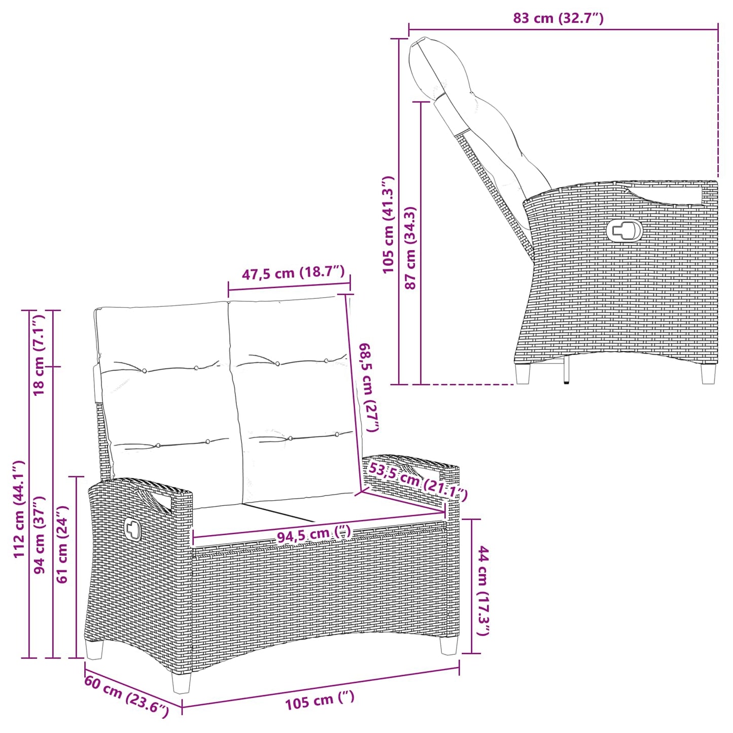 Havebænk Med Pude 105 X 60 X 112 Cm Stål Og Polyester - Billede 12