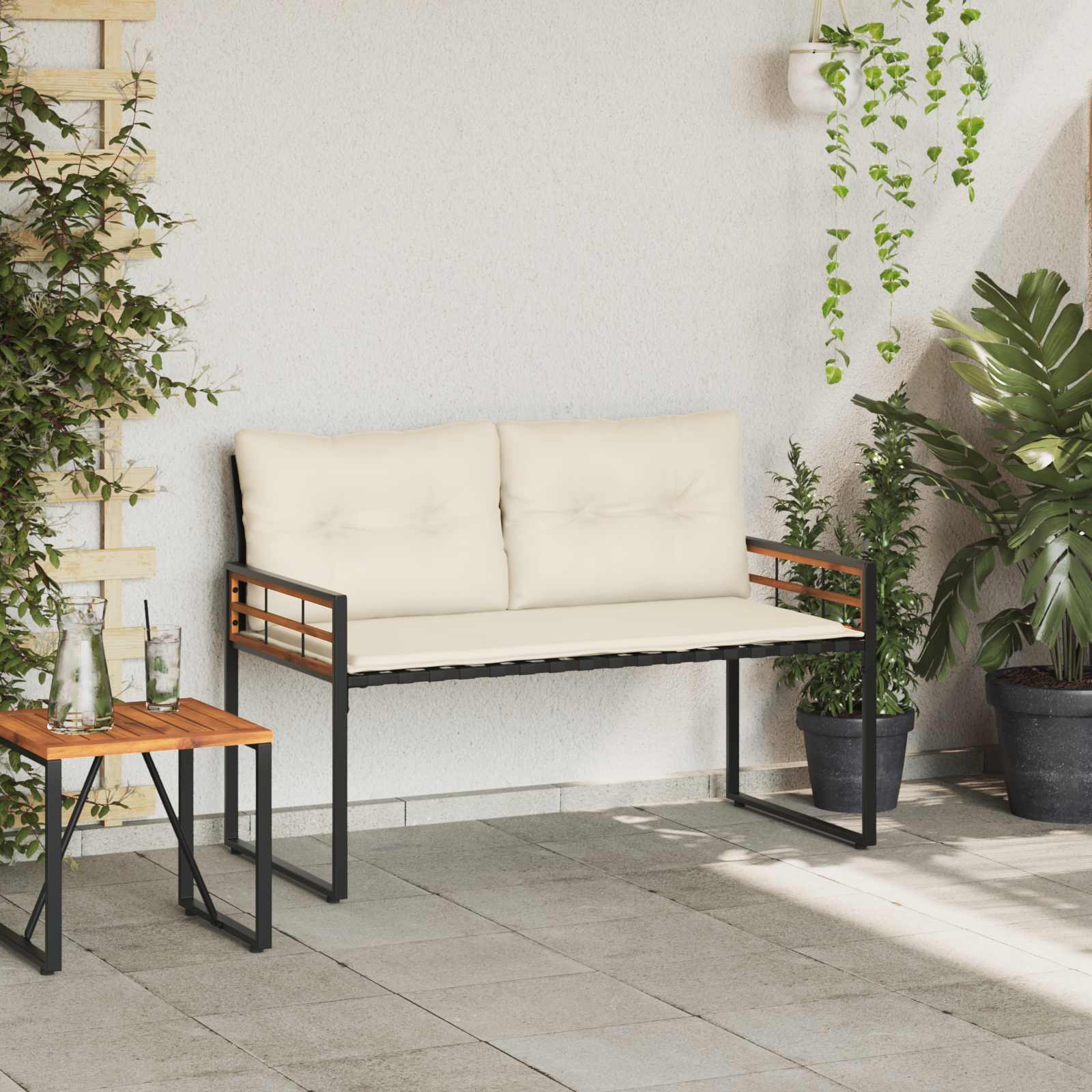 Trælagersbænk Med Pude Ensfarvet Creme 114 X 55 X 77 Cm - Billede 3