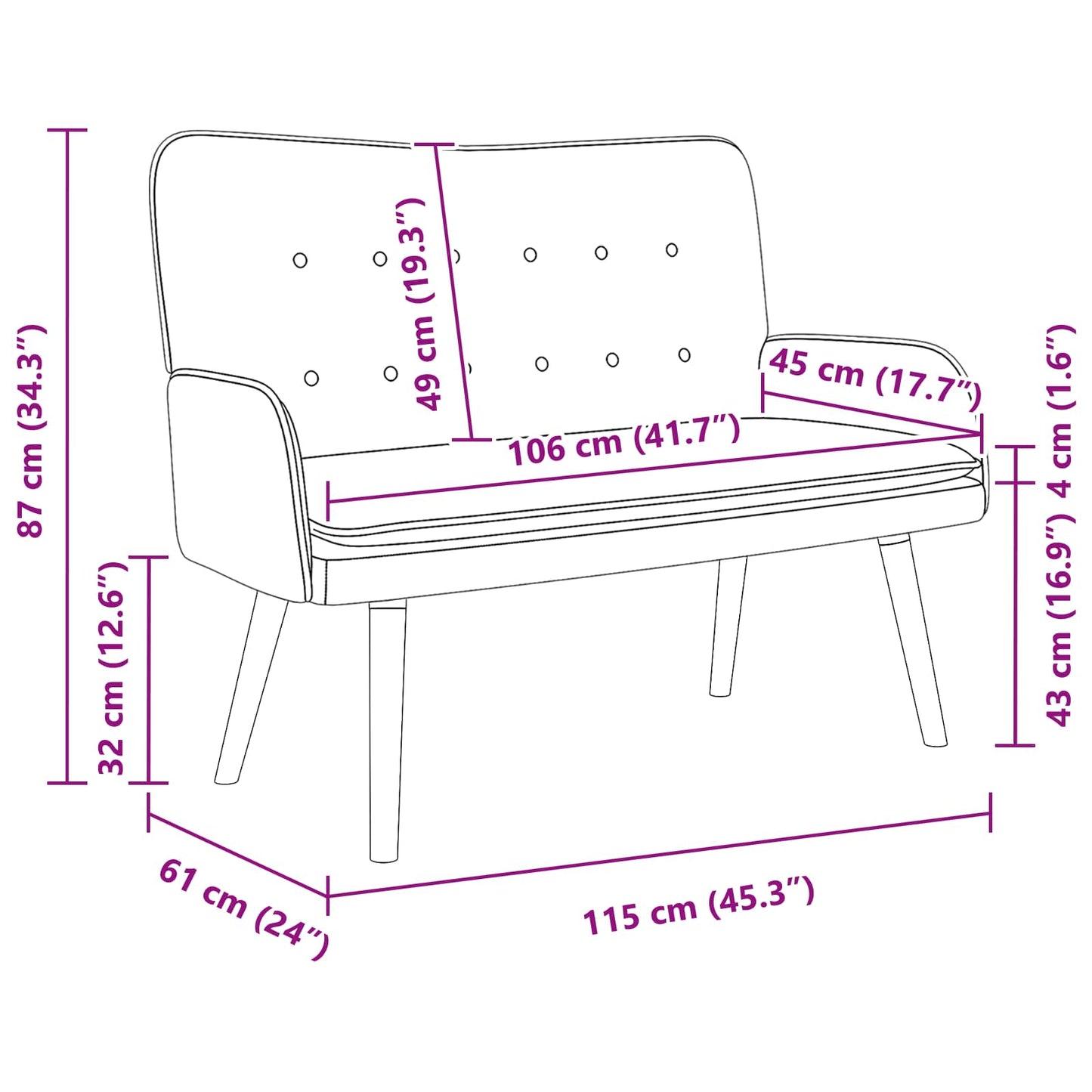 To-personers Sofa 115 X 61 X 87 Cm Fløjl - Billede 9