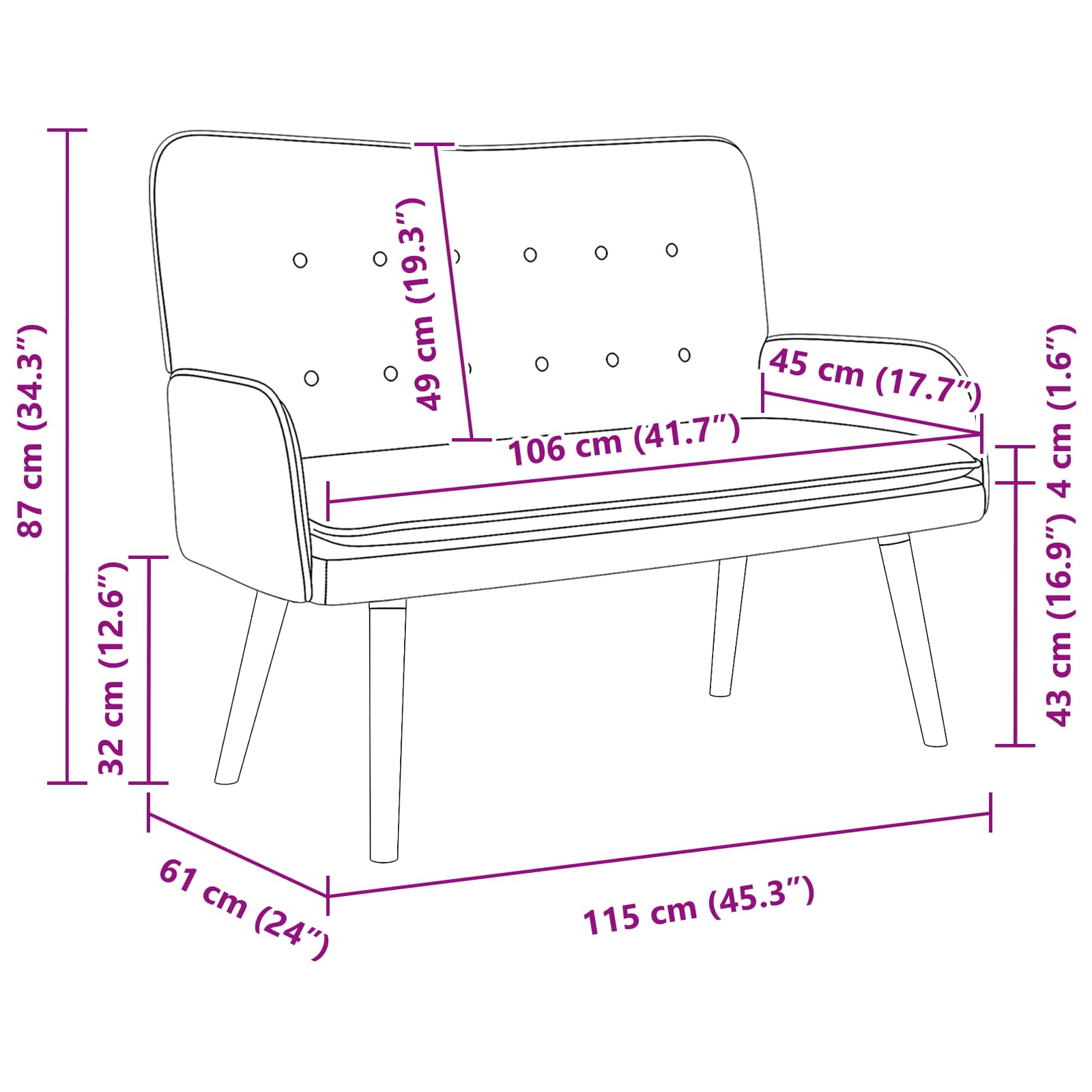 To-personers Sofa 115 X 61 X 87 Cm Fløjl - Billede 9