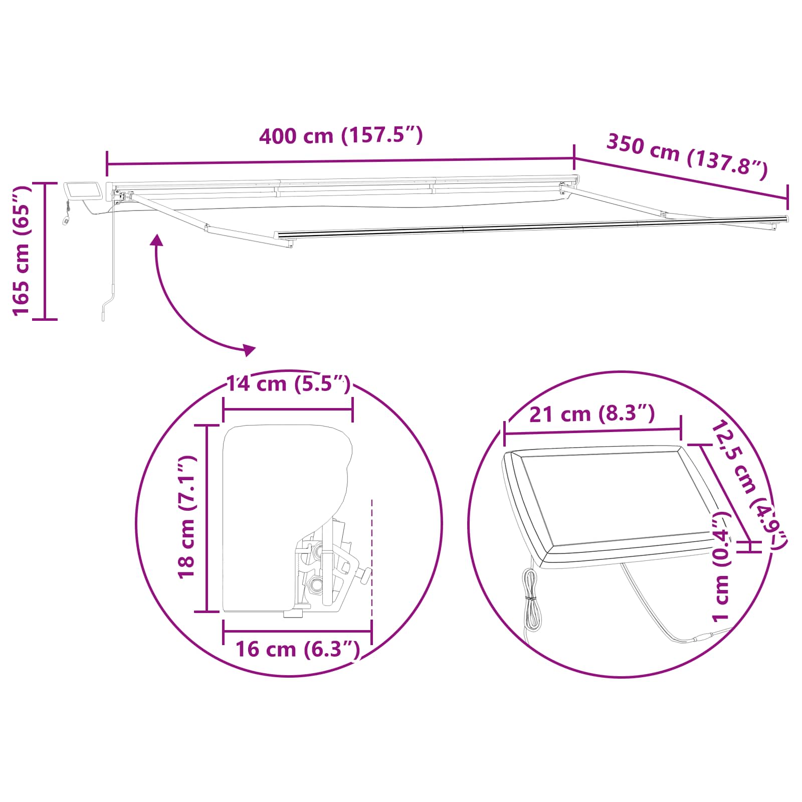 Manuel Markise-ramme Med Led-lys Anthracit Og 4 × 3,5 M - Billede 13