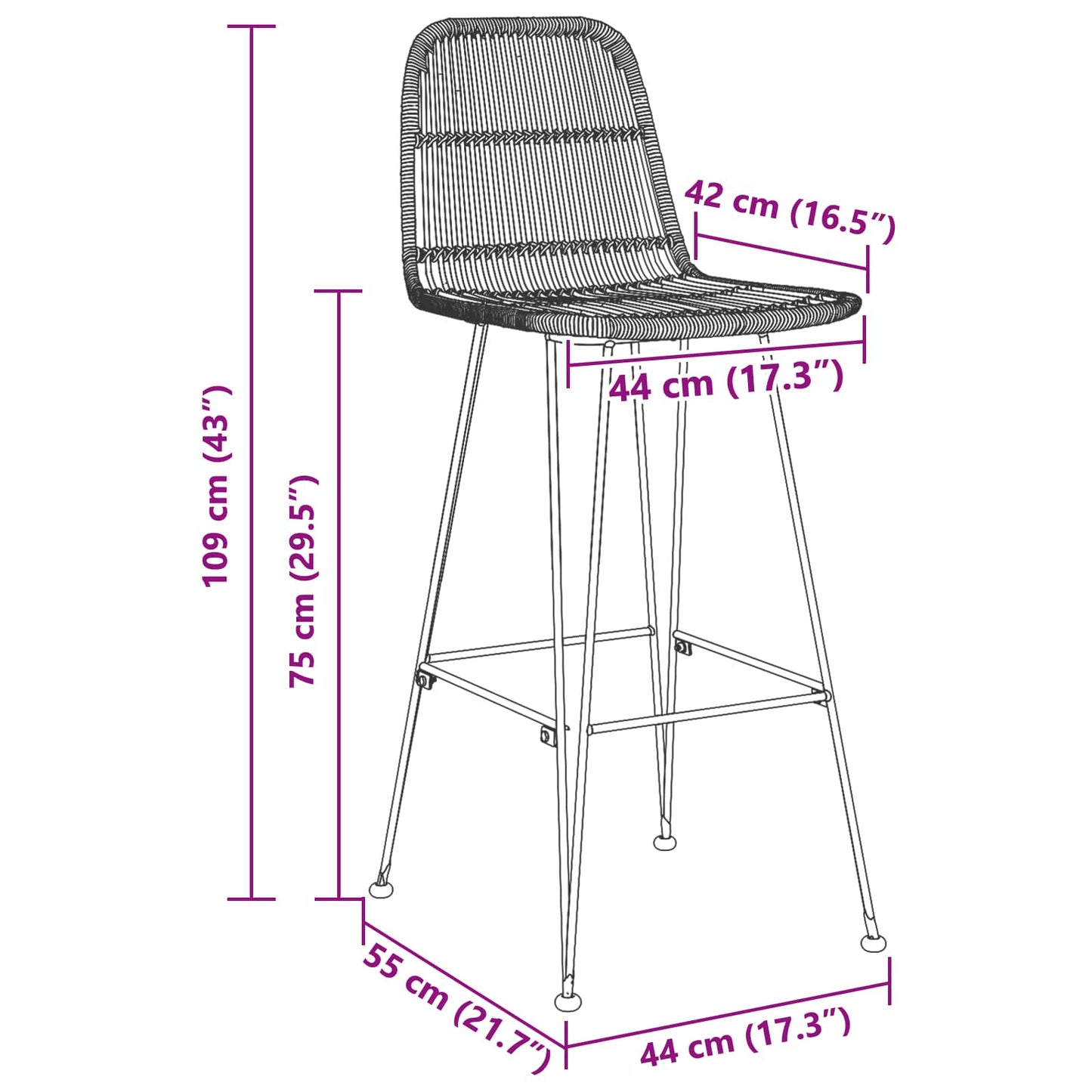 Barbænk 2 Dele 44 X 55 X 109 Cm Rattan Og Stål - Billede 10