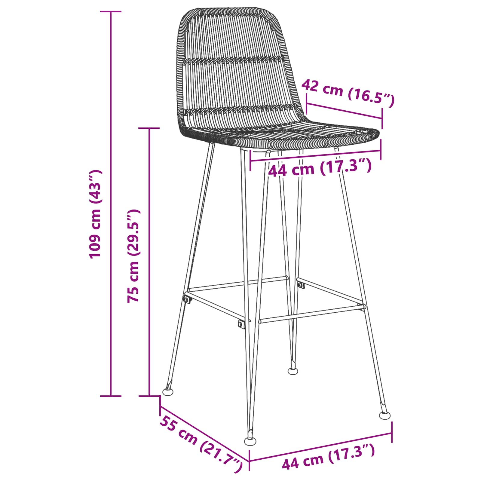 Barbænk 2 Dele 44 X 55 X 109 Cm Rattan Og Stål - Billede 10