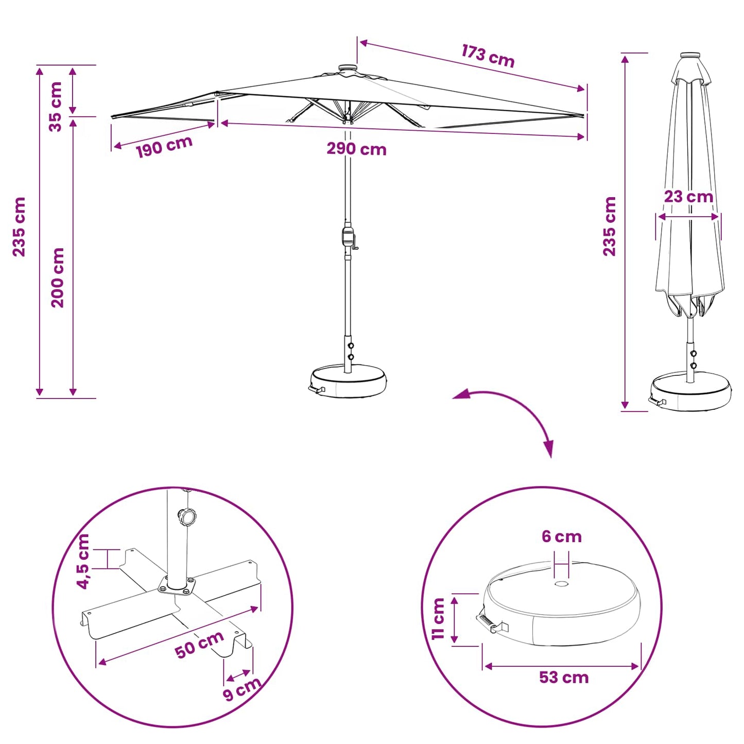 Haveparasol Med Led Lys Og Fod 200 X 300 Cm Polyester - Billede 10
