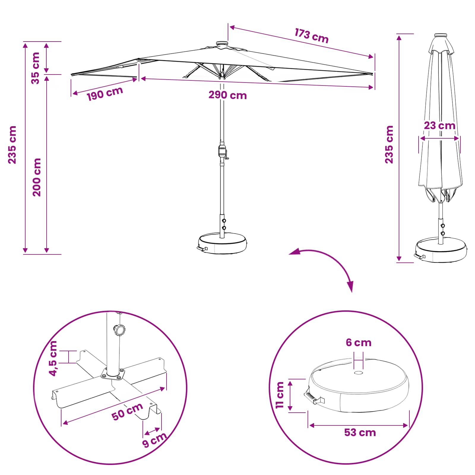 Haveparasol Med Led Lys Og Fod 200 X 300 Cm Polyester - Billede 10