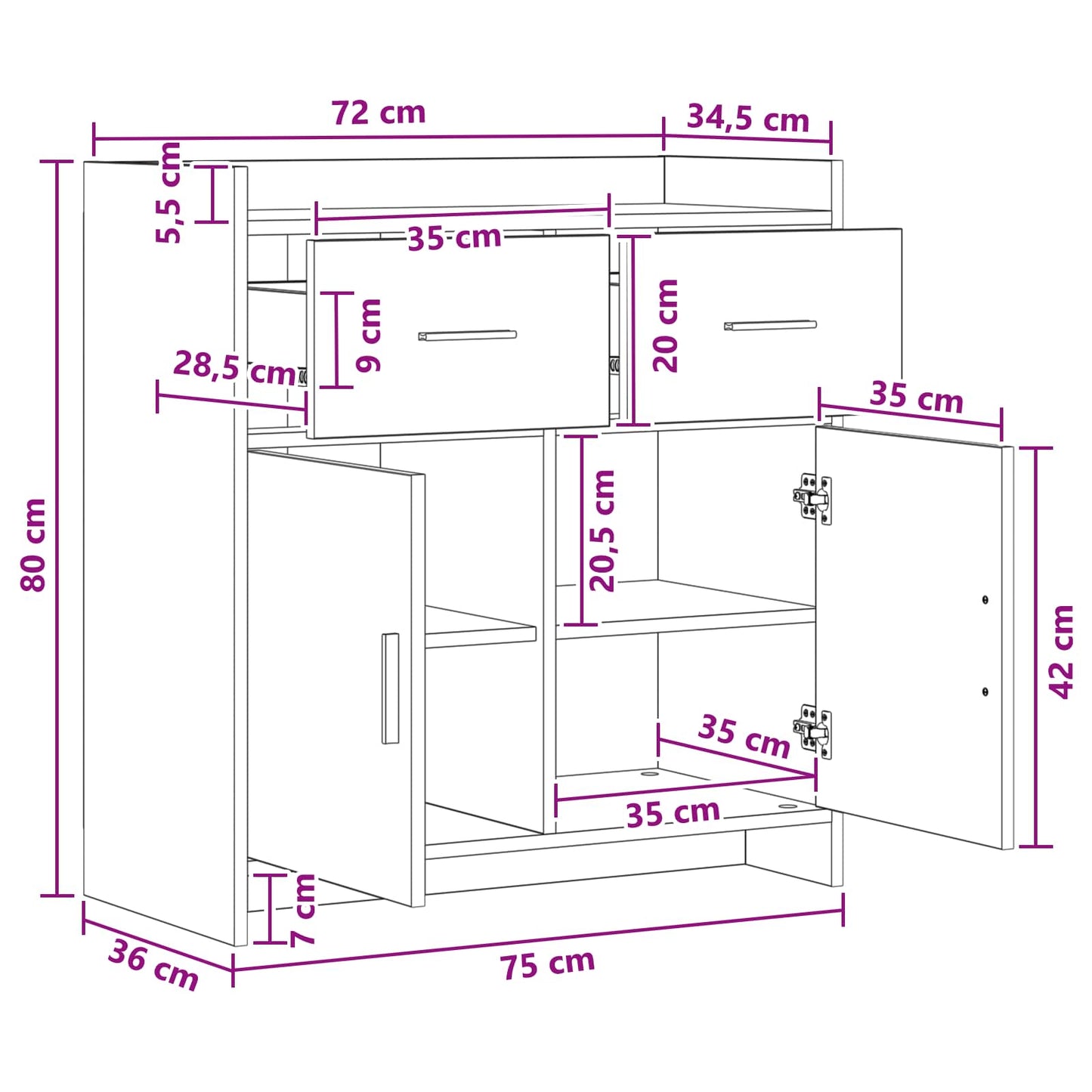 Sideboard 75 X 36 X 80 Cm Konstrueret Træ - Billede 8