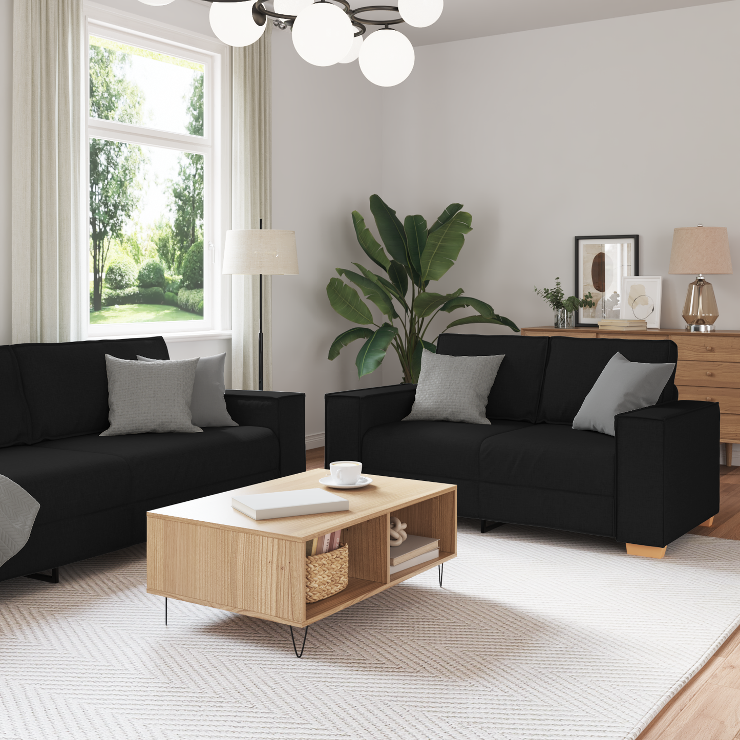 3-Delt Sofa Sæt Med Puder Sort Stof