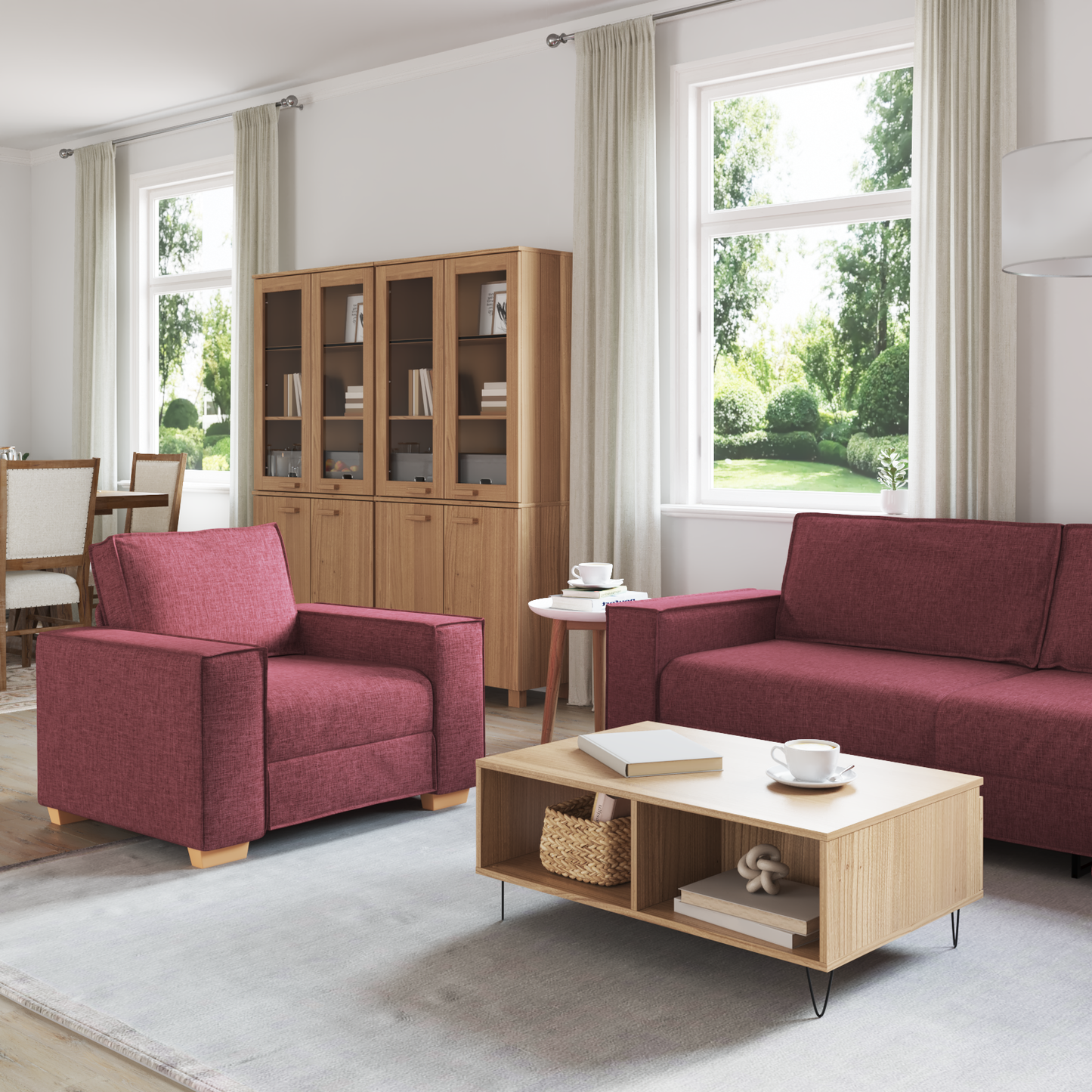 3-Delt Sofasæt Med Puder I Vinrød Stof