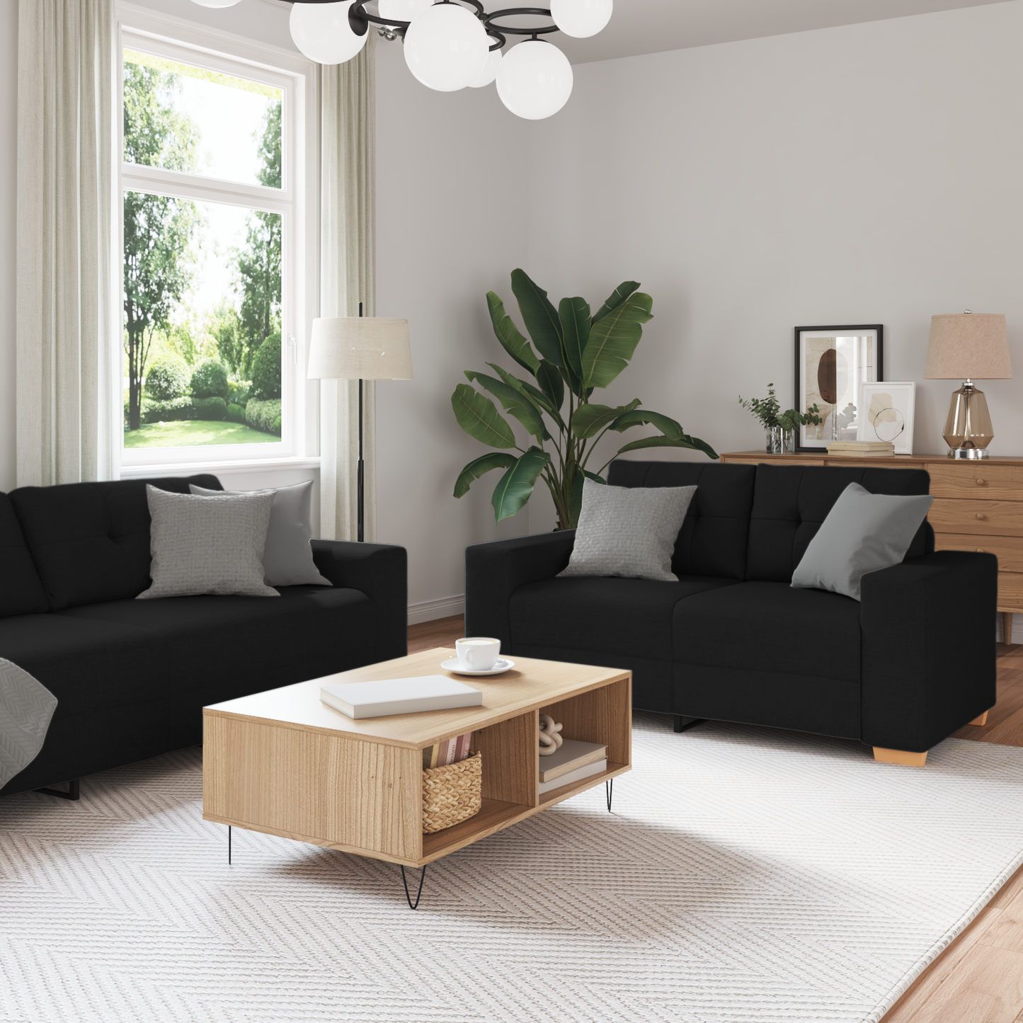 3-Personers Sofa Sæt Med Puder - Sort Stof