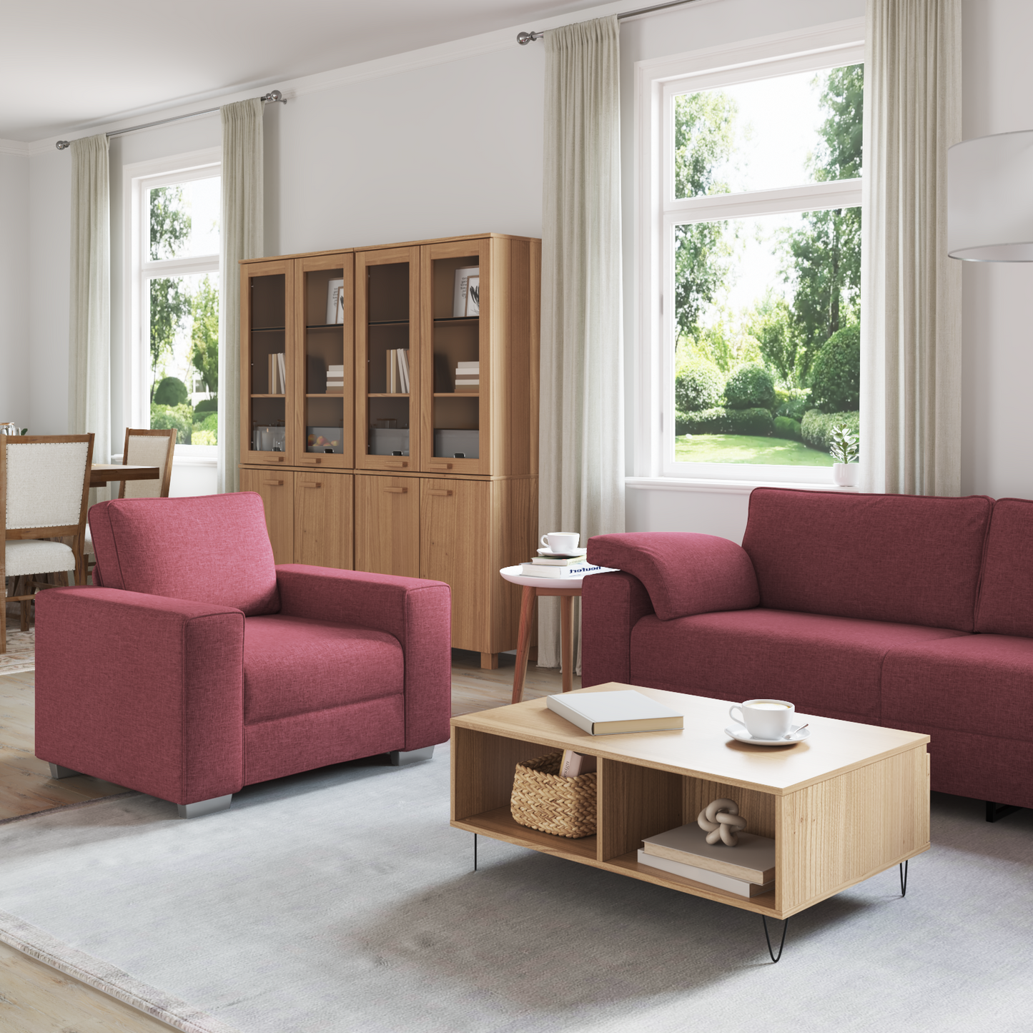 3-Delt Sofa Sæt Med Puder I Vinrød Stof