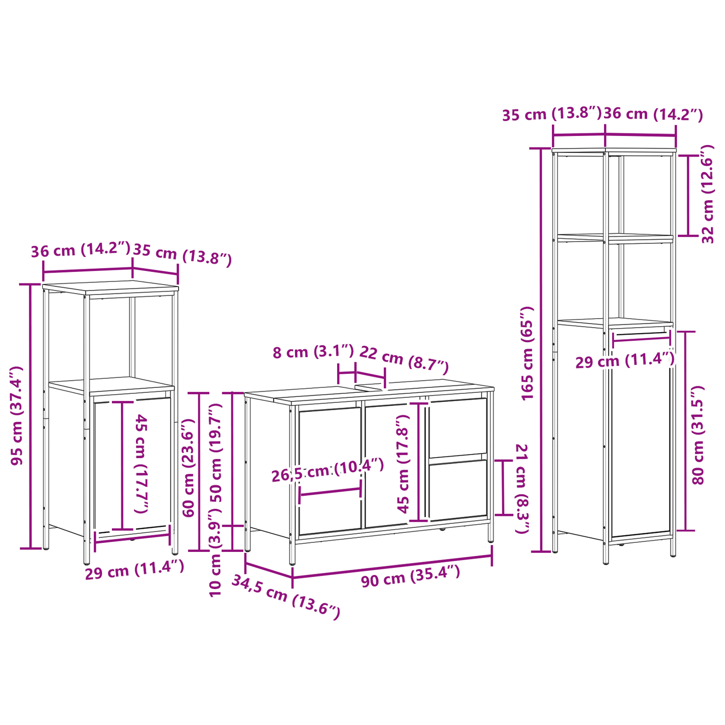 Badeværelsesmøbel Sæt 3 Dele Brun Eg Og Sort 36 X 35 X 165 Cm