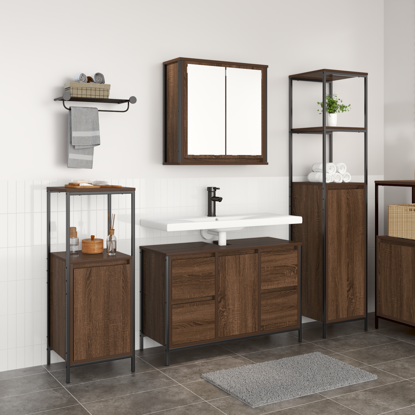 Badeværelsesmøbel Sæt 3 Dele Brun Eg Og Sort 36 X 35 X 165 Cm