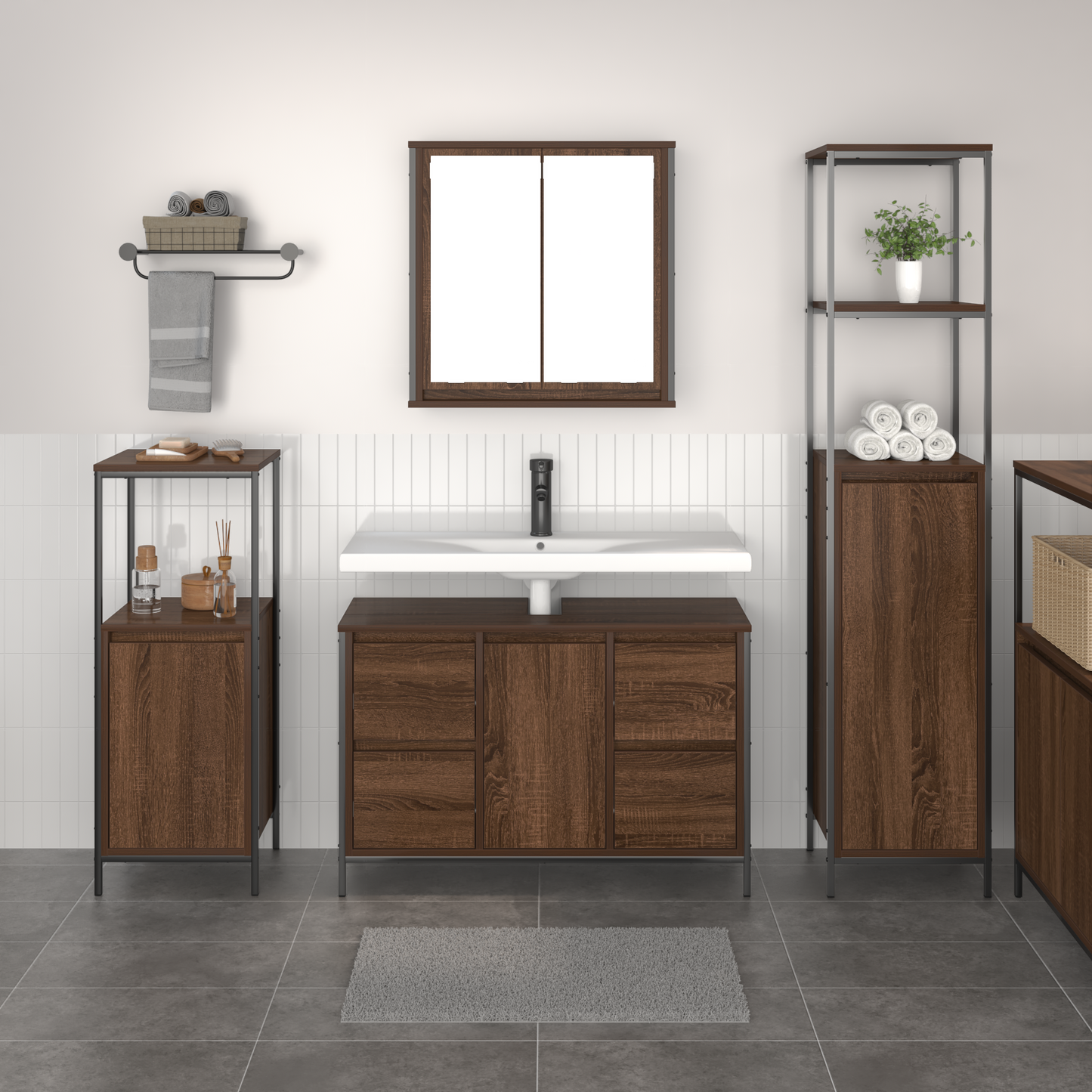 Badeværelsesmøbel Sæt 3 Dele Brun Eg Og Sort 36 X 35 X 165 Cm