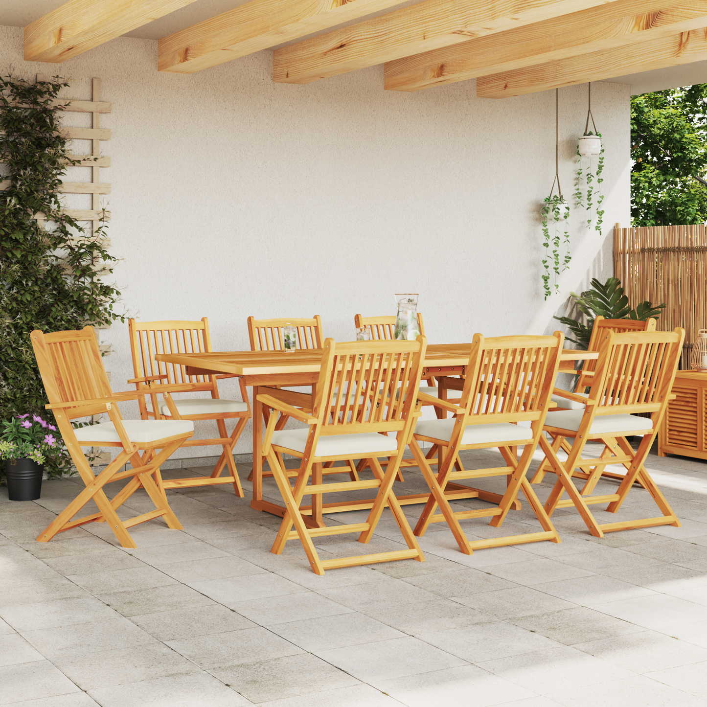 Folding Garden Chairs With White Cushion 8Pcs Solid Acacia Wood