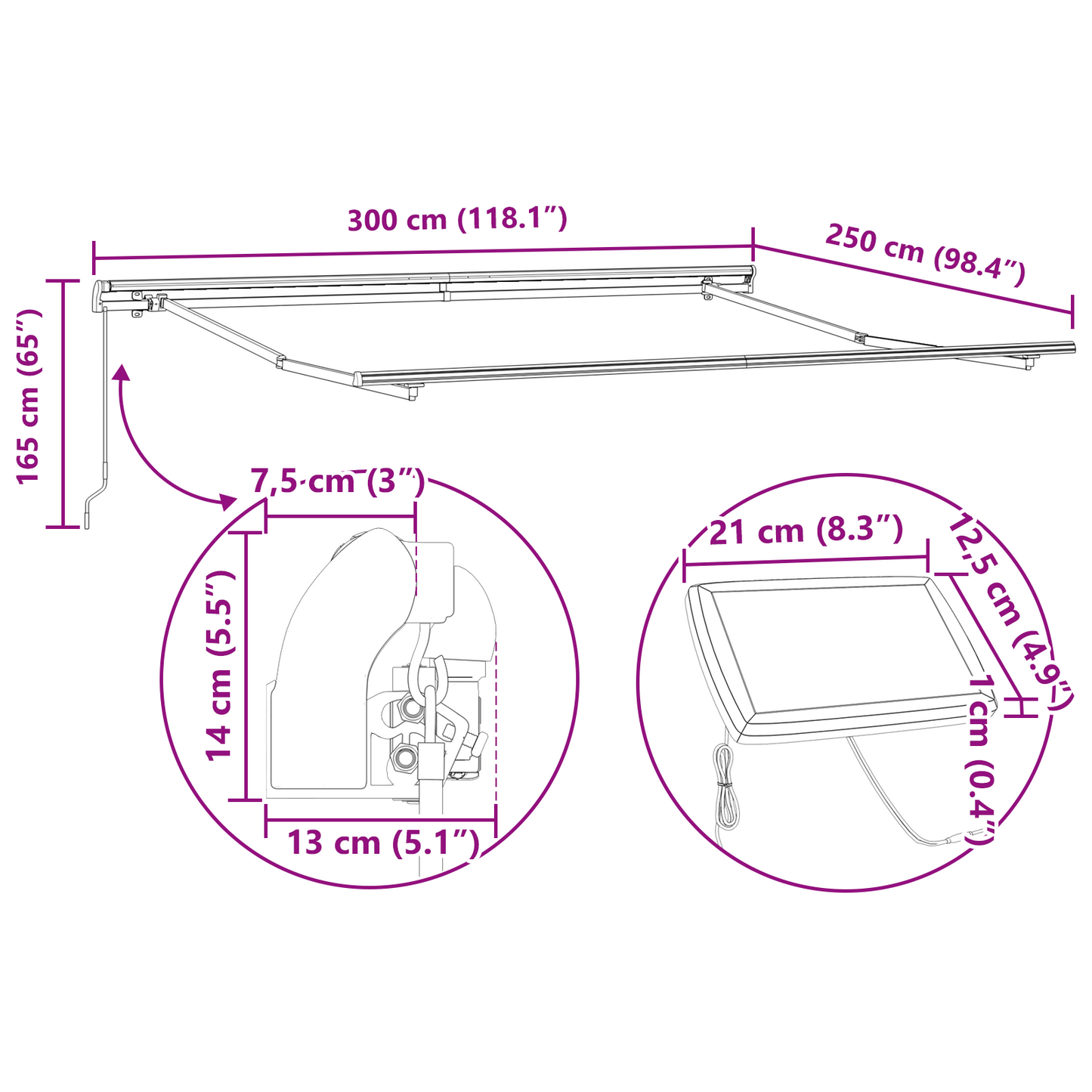 Manuel Udtækkelig Markise med Led Hvid 300x250 Cm&&markise Udskiftningstof til 3x2.5 M Rammel Hvid - billede 12