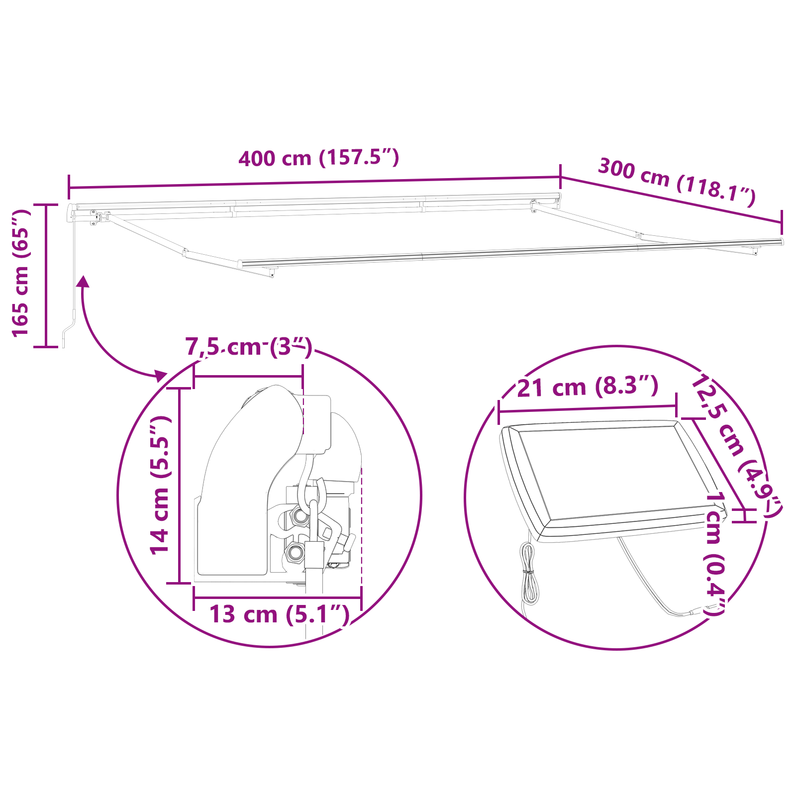 Manuel Udtækkelig Markise med Led Lys Lysegrå 400x350 Cm&&markise Erstatningsstof til 4x3,5 M Ramme Lysegrå - billede 12
