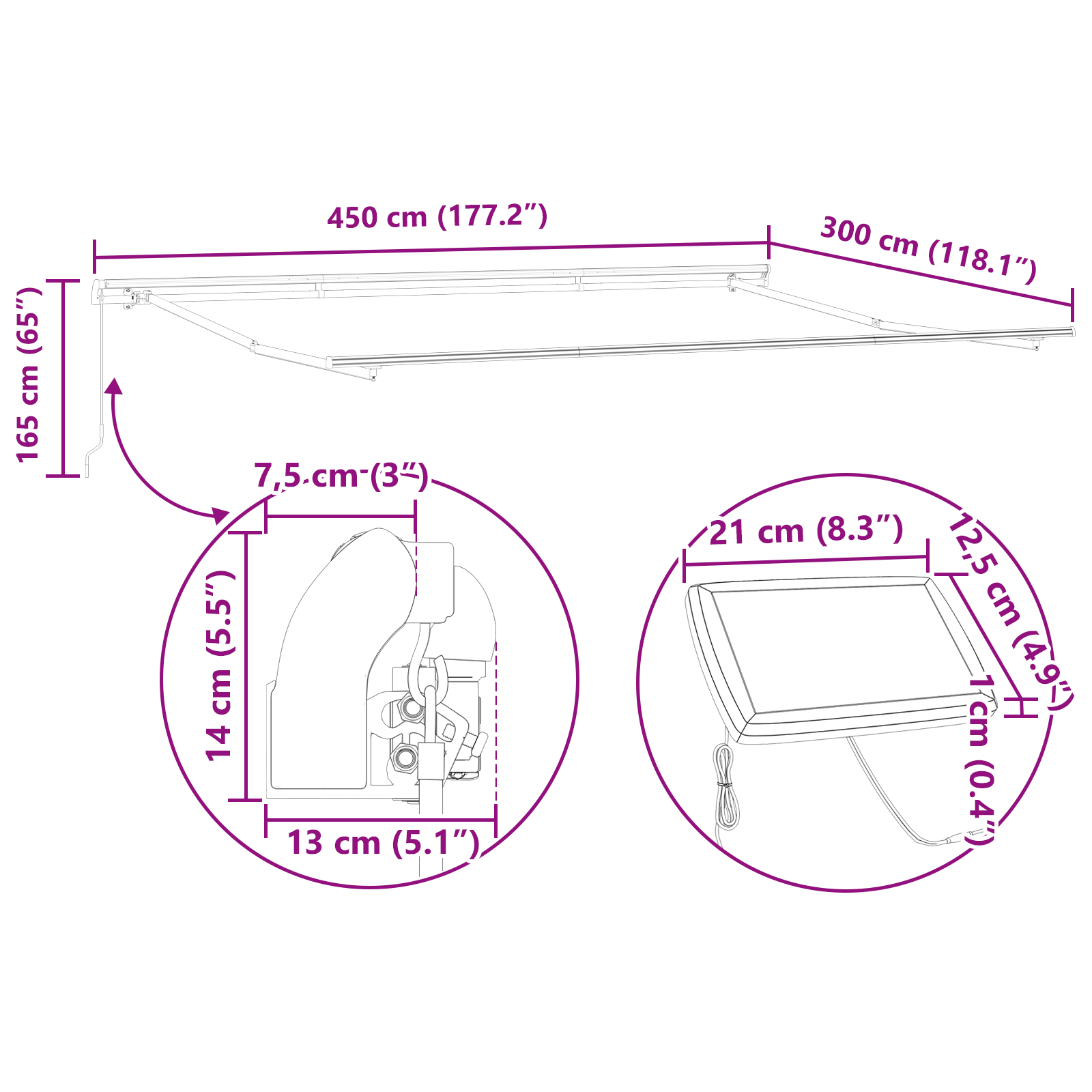 Manuel Udtækkelig Markise med Led Lysegrå 450x300 Cm&&markise Udskiftningstof til 4,5x3 M Ramme Lysegrå - billede 12
