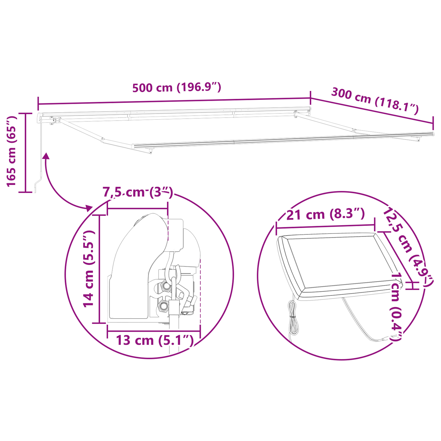 Manuel Udtækkelig Markise med Led Hvid 500x300 Cm&&markise Erstatningsstof til 5x3 M Ramme Hvid - billede 12