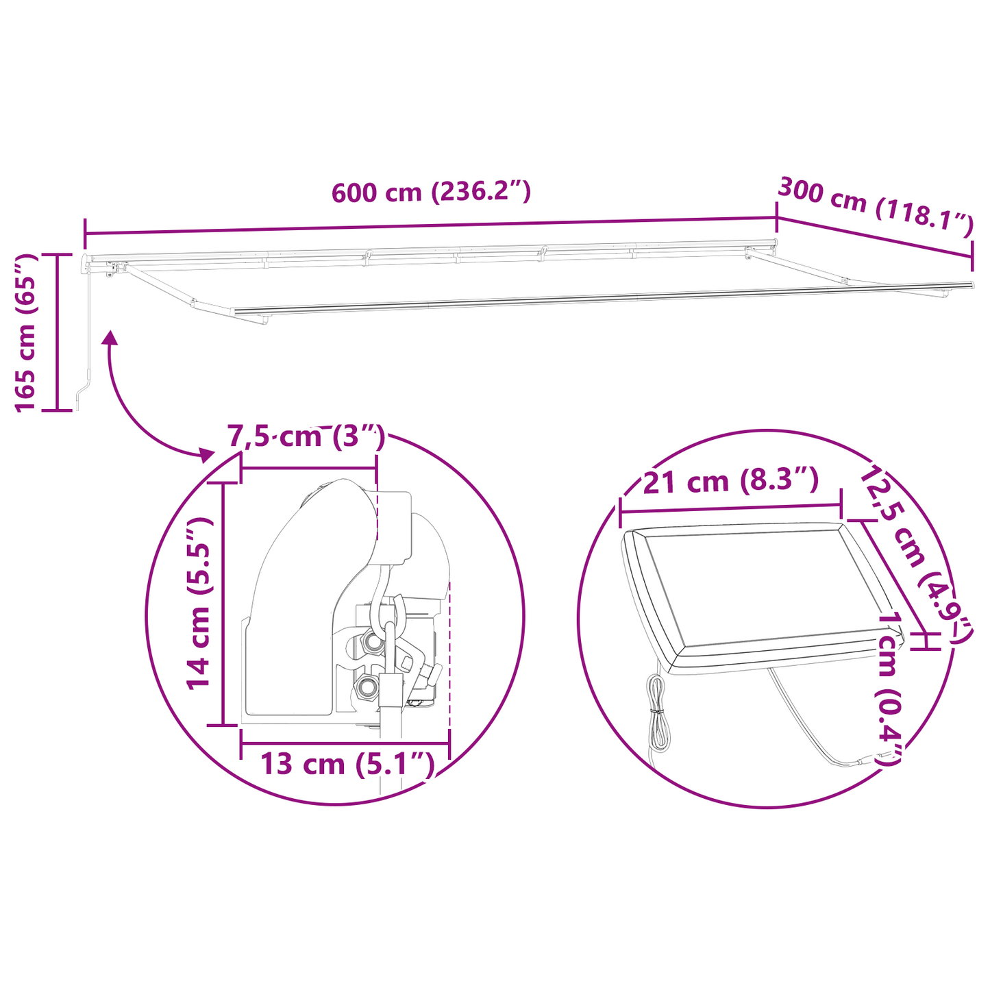 Manuel Udtækkelig Markise med Led Sort 600x300 Cm&&markise Erstatningsstof til 6x3 M Ramme Sort - billede 12