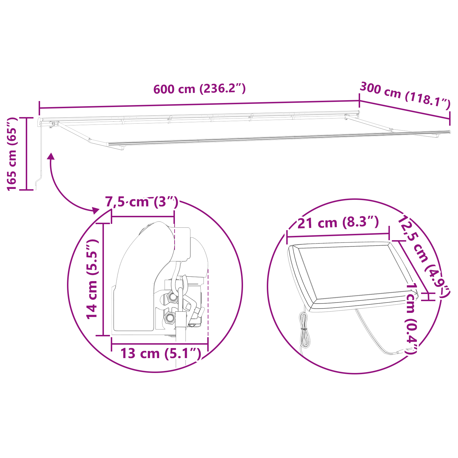 Manuel Udtækkelig Markise med Led Sort 600x300 Cm&&markise Erstatningsstof til 6x3 M Ramme Sort - billede 12