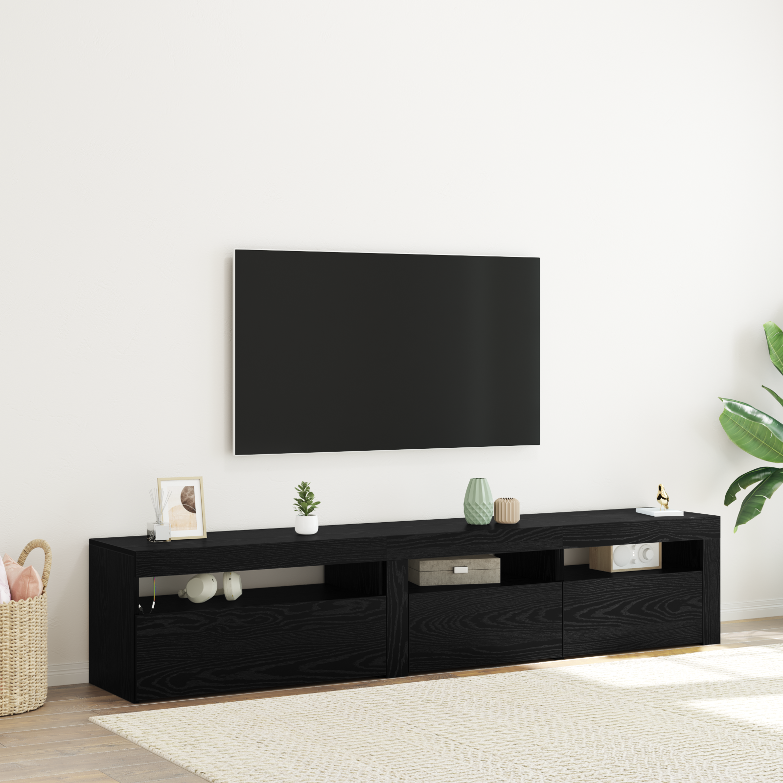 Tv Skabe 2 Stk med Led Lys Sort Egetræ Konstrueret Træ&&tv Stativ med Led Lys - Sort Egetræ - 75x35x40 Cm - Lavet af Konstrueret Træ - hovedbillede