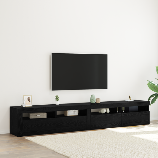 3-delt Tv Skabssæt med Led-lys Sort Egetræ Ingeniørtræ&&tv-skabe med Led-lys 2 Stk Sort Egetræ 60x35x40 Cm Ingeniørtræ - hovedbillede