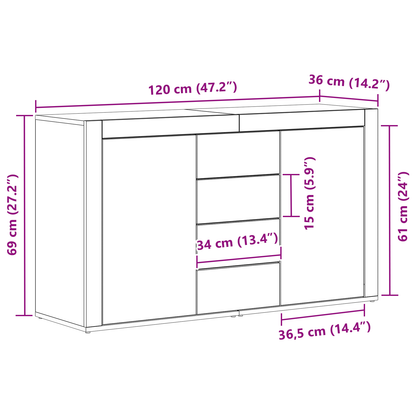 Sideboard Med Skuffe Røget Eg 120 X 36 X 69 Cm Konstrueret Træ