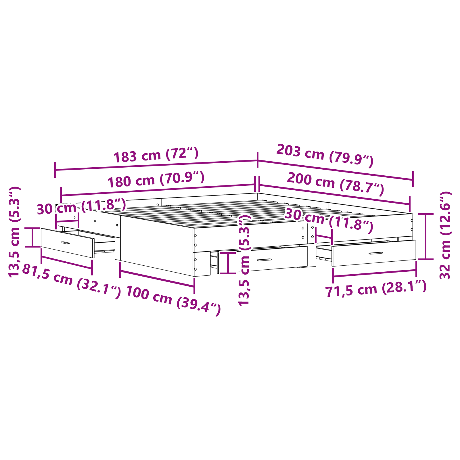 Seng med Skuffer Sort Eg 180x200 Cm Ingeniørtræ - billede 10