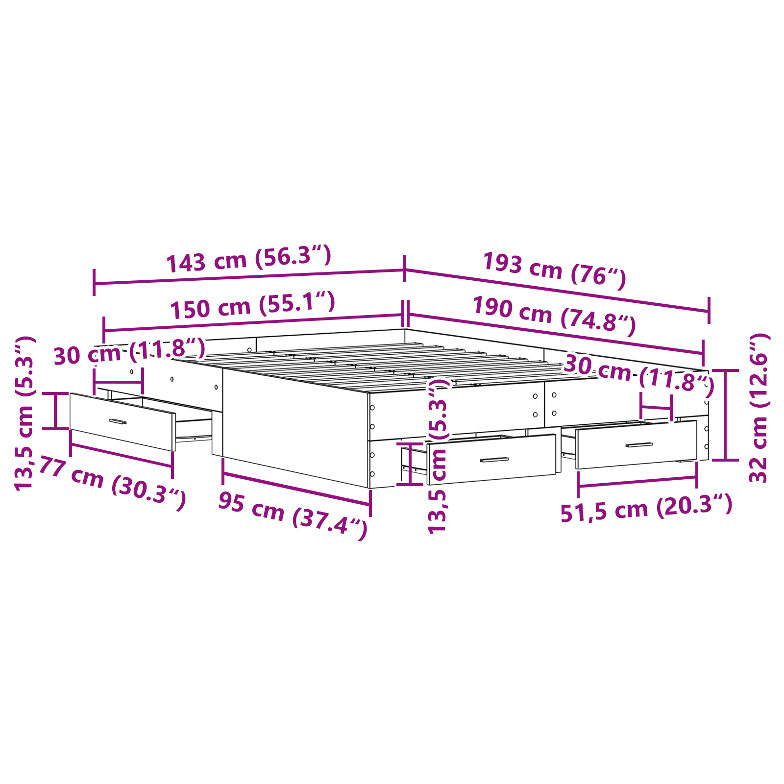 Sengestel med Skuffer Artisan Egetræ Konstrueret Træ 140 X 190 Cm - billede 10