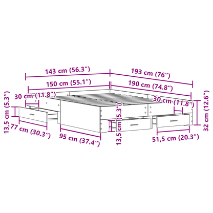 Sengestel med Skuffer Sort Egetræ Konstrueret Træ 140 X 190 Cm - billede 10