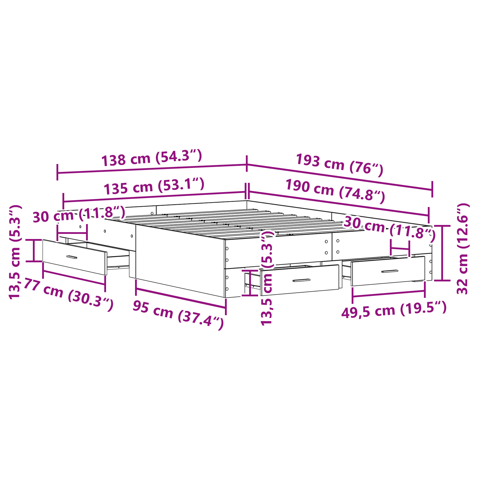 Sengeram med Skuffer Gammelt Træ 135x190 Cm Konstrueret Træ - billede 10