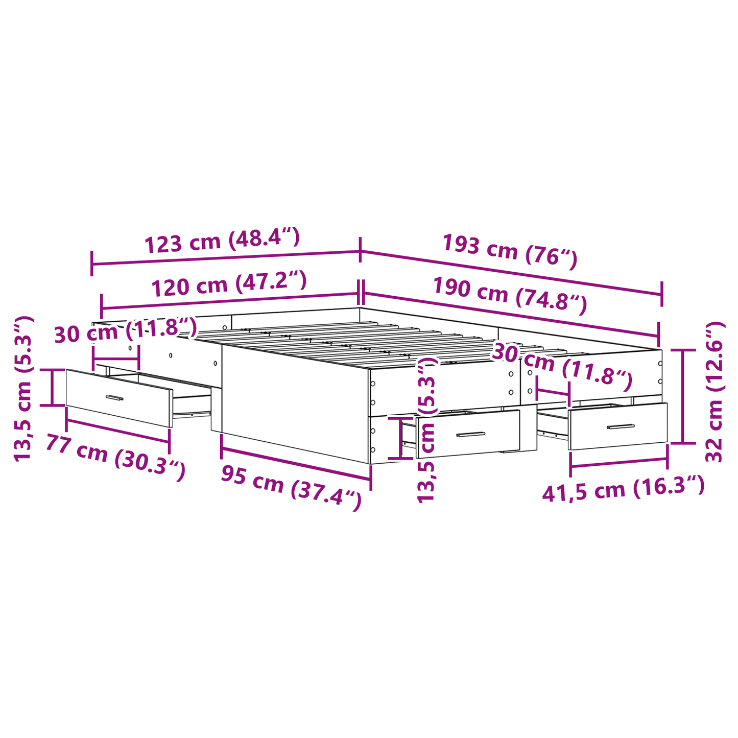 Sengramme med Skuffer Sort Eg 120x190 Cm Konstrueret Træ - billede 10
