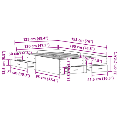 Sengramme med Skuffer Sort Eg 120x190 Cm Konstrueret Træ - billede 10
