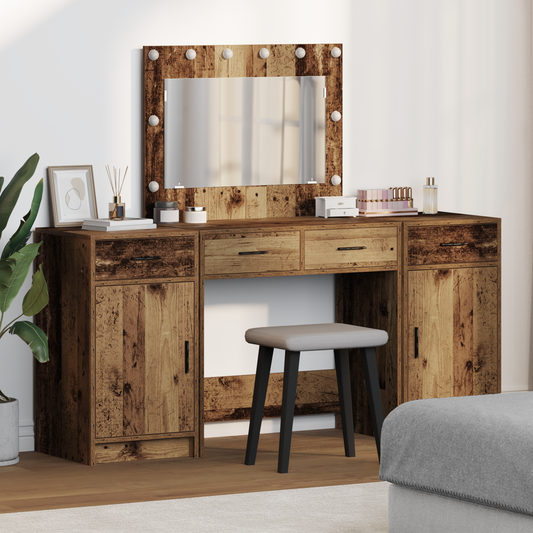 3-Delt Makeupbordssæt Med Led - Vintage Træ Og Ingeniørtræ