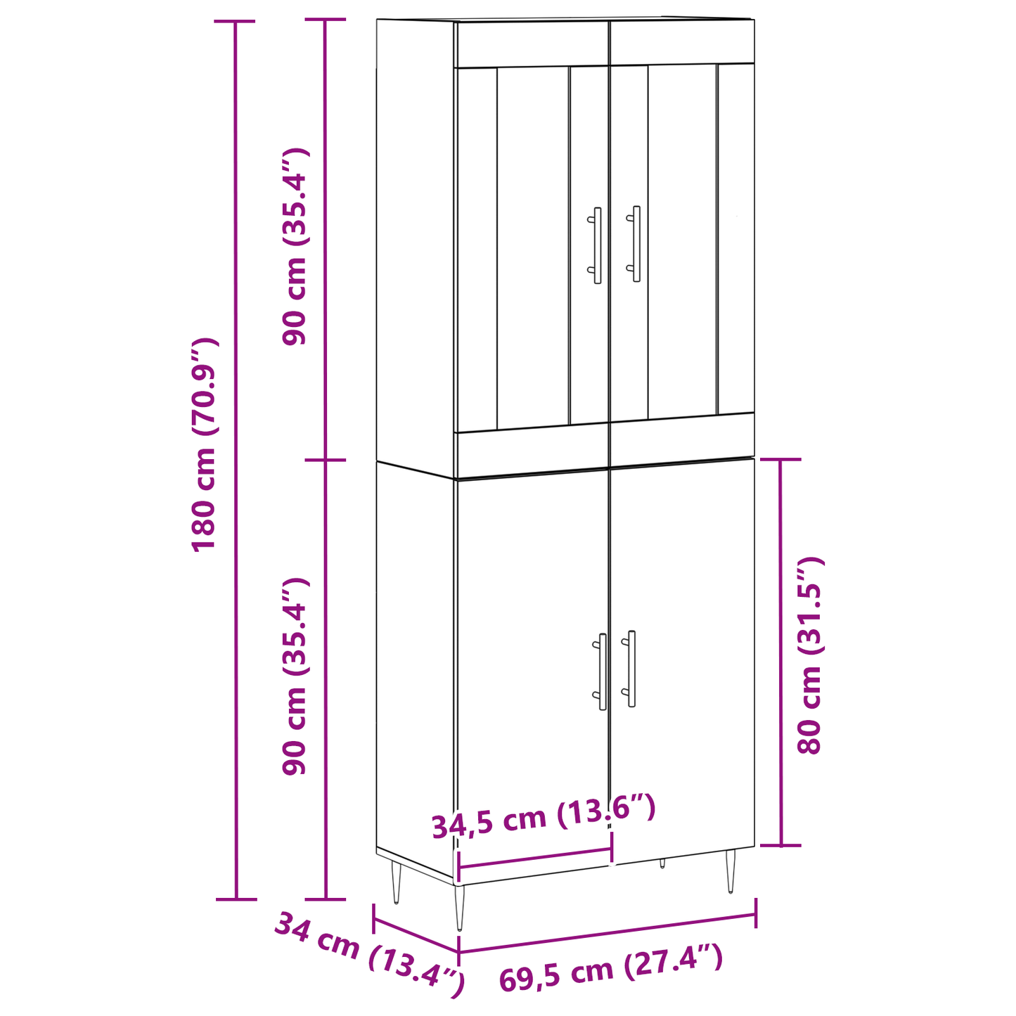 Highboard 2 Dele Sort Eg 69,5 X 34 X 180 Cm Konstrueret Træ