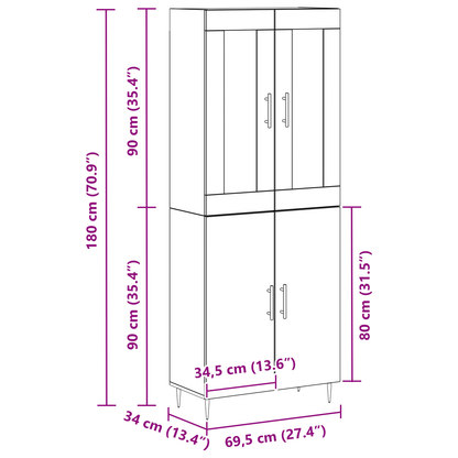 Highboard 2 Dele Sort Eg 69,5 X 34 X 180 Cm Konstrueret Træ