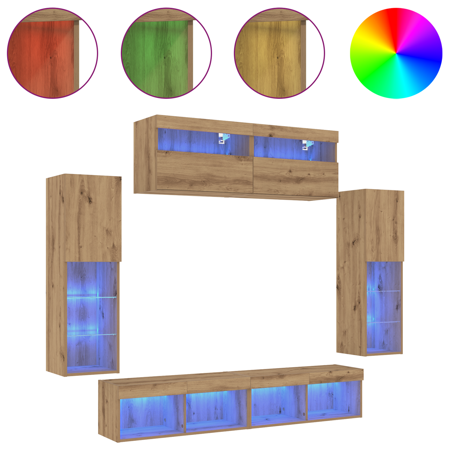 Tv Vægskabe med Led Lys 2 Stk Artisan Egetræ 80x30x30 Cm&&tv Vægskabe med Led Lys 2 Stk Artisan Egetræ 60x30x40 Cm - billede 4