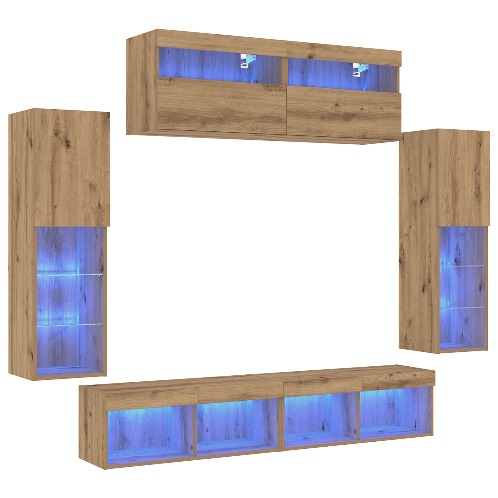Tv Vægskabe med Led Lys 2 Stk Artisan Egetræ 80x30x30 Cm&&tv Vægskabe med Led Lys 2 Stk Artisan Egetræ 60x30x40 Cm - billede 2