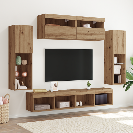 Tv Vægskabe med Led Lys 2 Stk Artisan Egetræ 80x30x30 Cm&&tv Vægskabe med Led Lys 2 Stk Artisan Egetræ 60x30x40 Cm - hovedbillede
