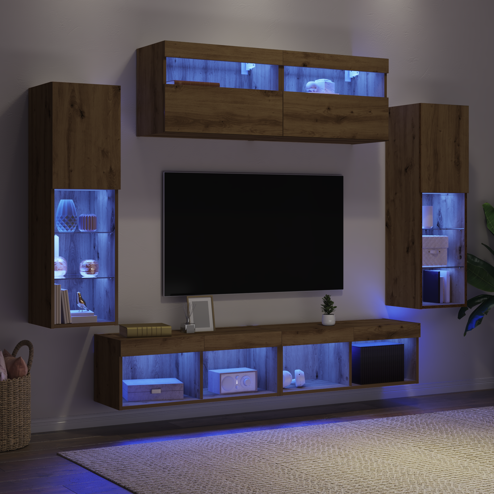 Tv Vægskabe med Led Lys 2 Stk Artisan Egetræ 80x30x30 Cm&&tv Vægskabe med Led Lys 2 Stk Artisan Egetræ 60x30x40 Cm - billede 5