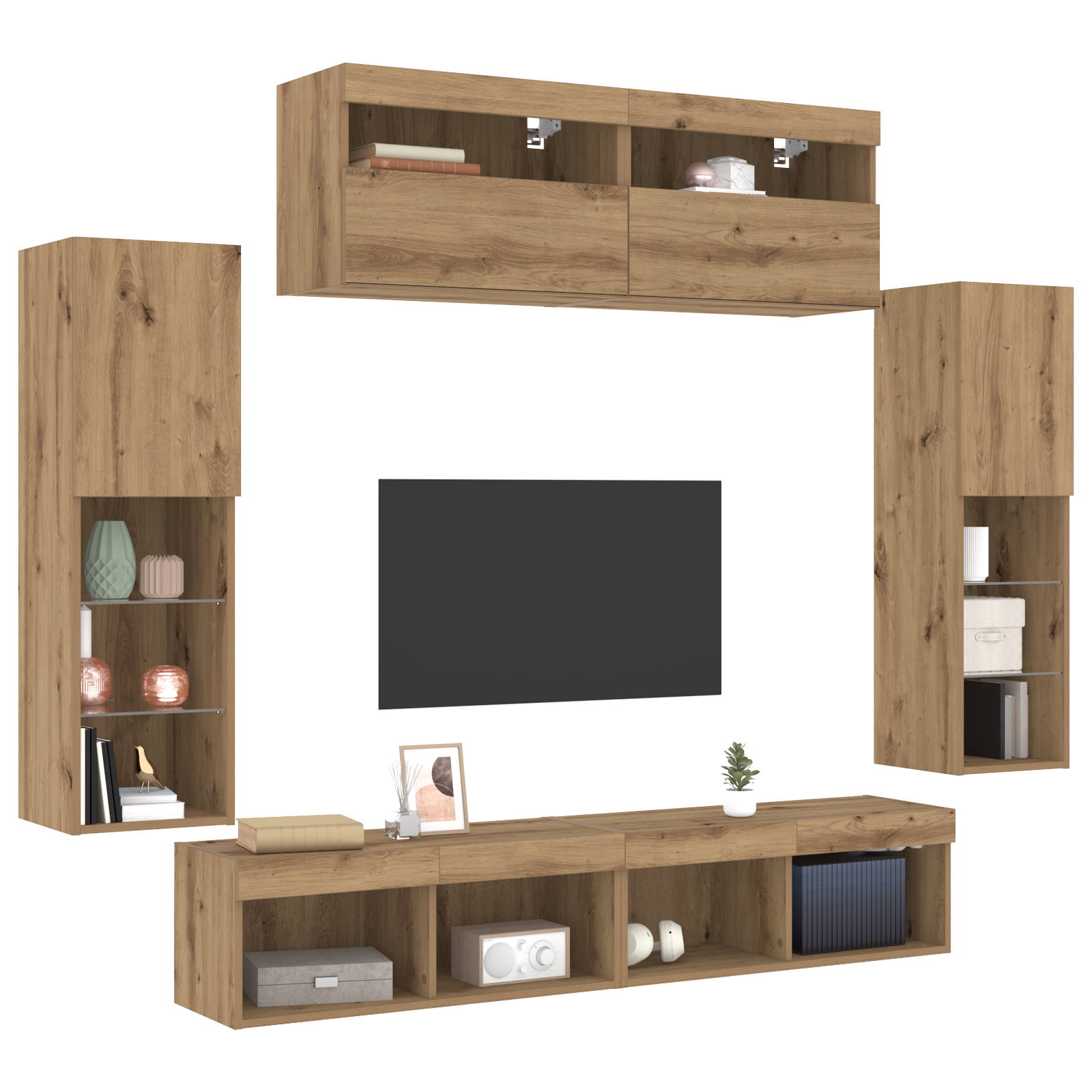 Tv Vægskabe med Led Lys 2 Stk Artisan Egetræ 80x30x30 Cm&&tv Vægskabe med Led Lys 2 Stk Artisan Egetræ 60x30x40 Cm - billede 3