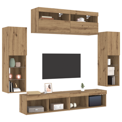 Tv Vægskabe med Led Lys 2 Stk Artisan Egetræ 80x30x30 Cm&&tv Vægskabe med Led Lys 2 Stk Artisan Egetræ 60x30x40 Cm - billede 3