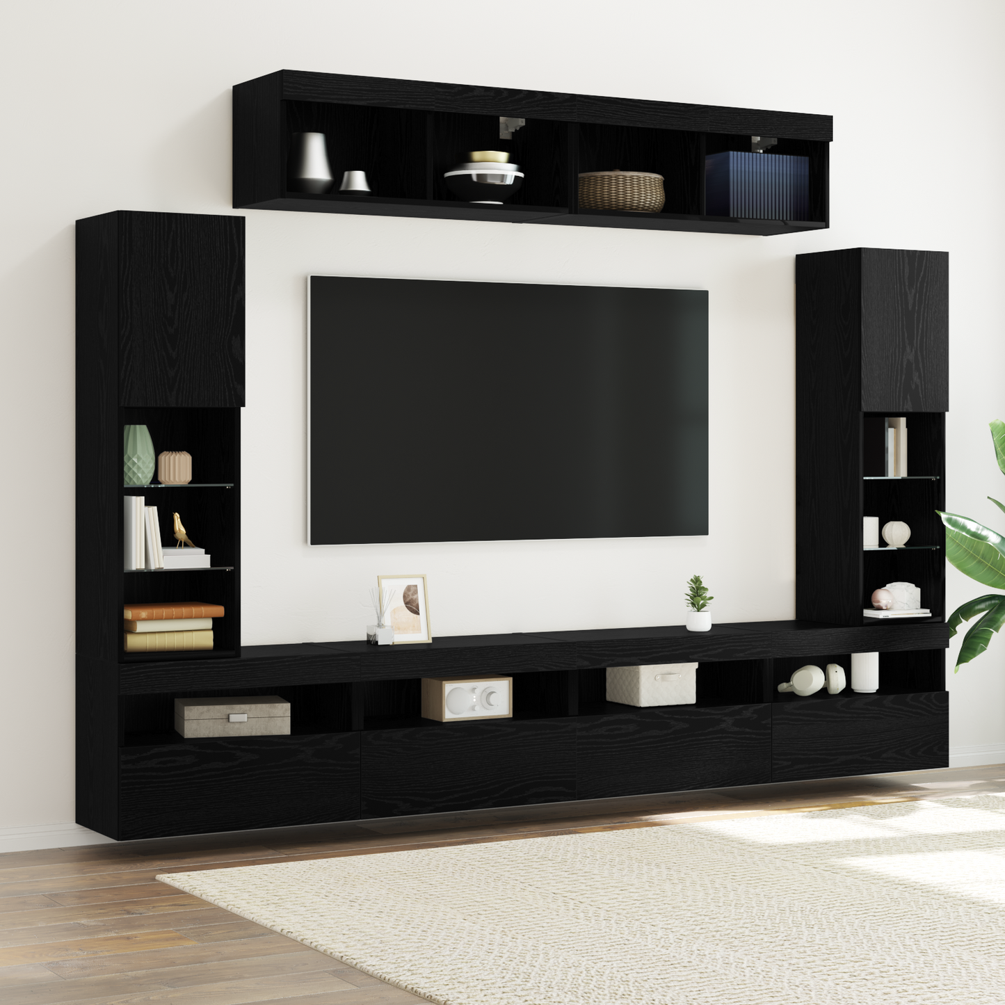 8 Styk Tv Væg Enheder med Led Sort Eg Konstrueret Træ - hovedbillede